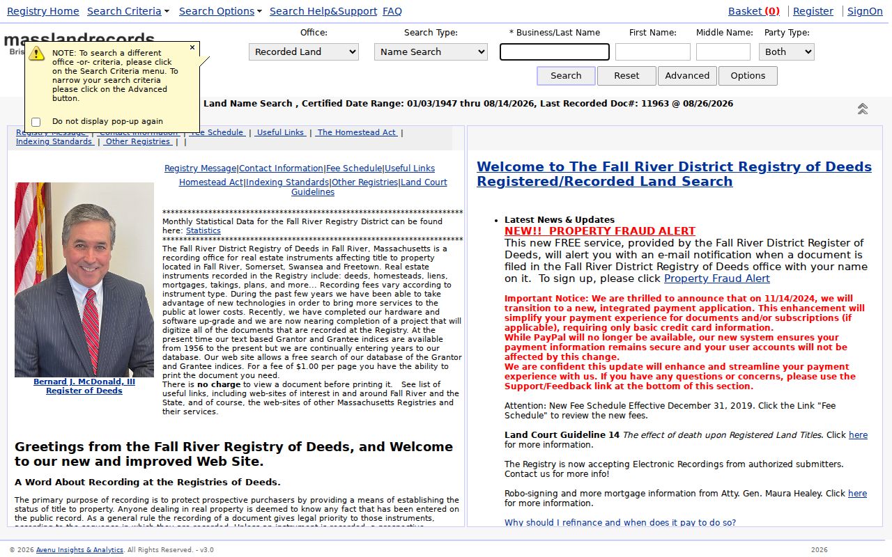 Bristol County residents directory Fall River Registry search fields