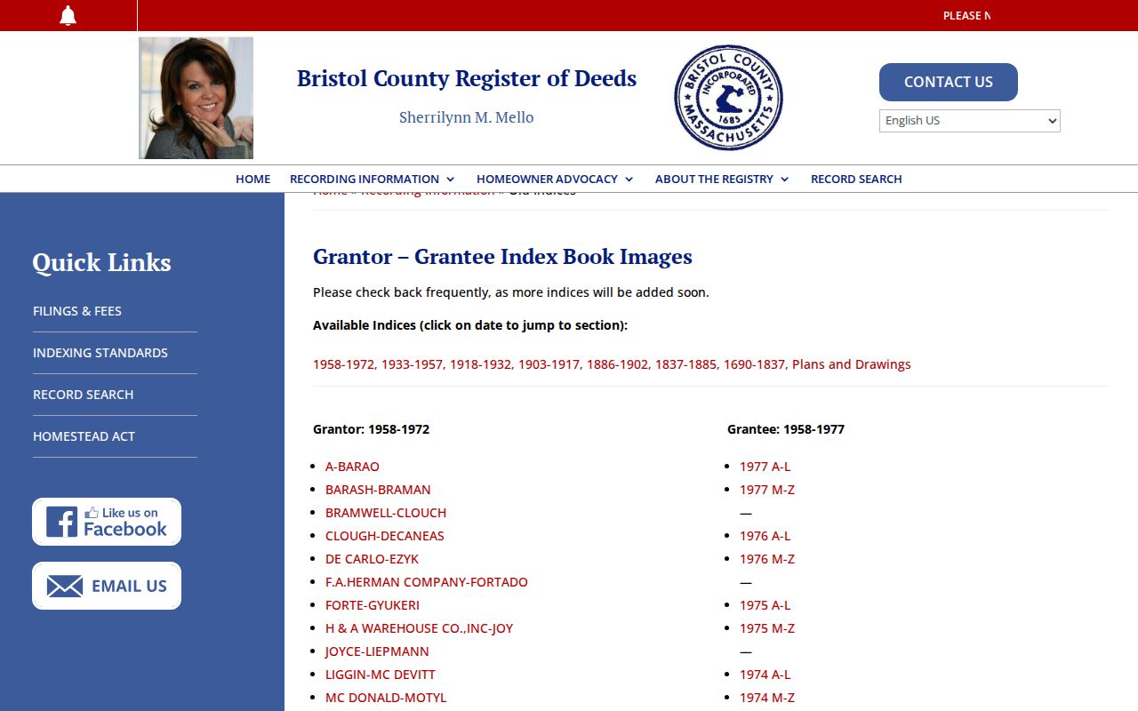 Bristol County previous residents Southern Bristol Registry old grantor grantee indices